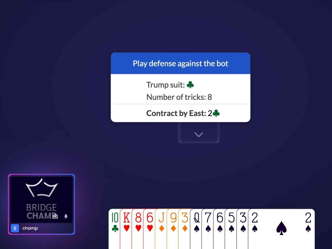 BridgeChamp MiniBridge Defense mode showing a 4 Spades contract by East, where players practice defensive play against the bot.